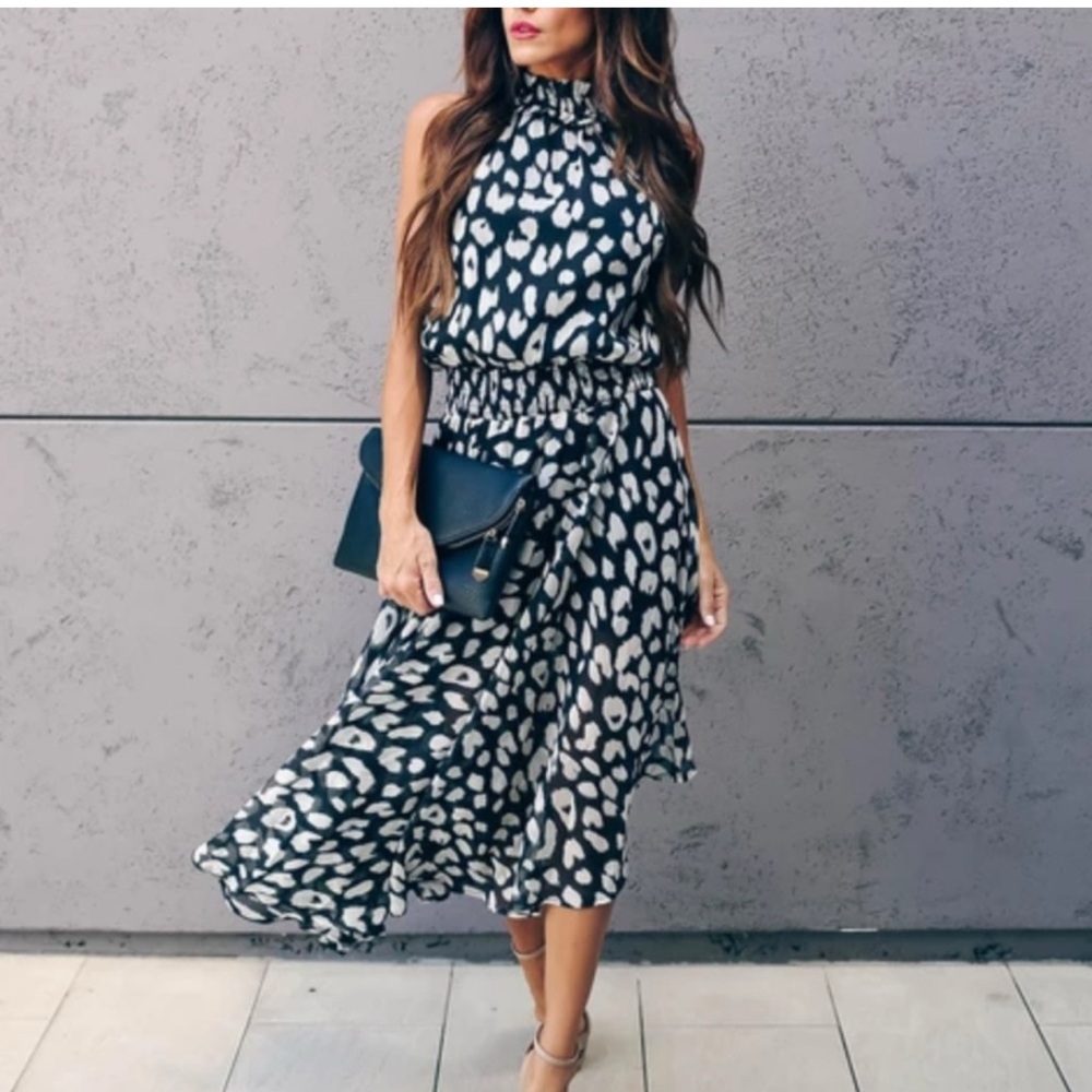 NWOT Elegant Smocked Black and White Leopard Print Dress